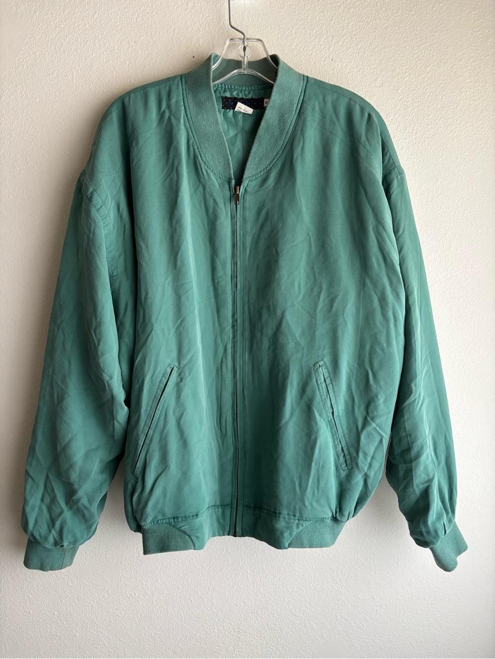 90s Vintage Apex 100% Silk Bomber Jacket Sage Green Sz M EXCELLENT